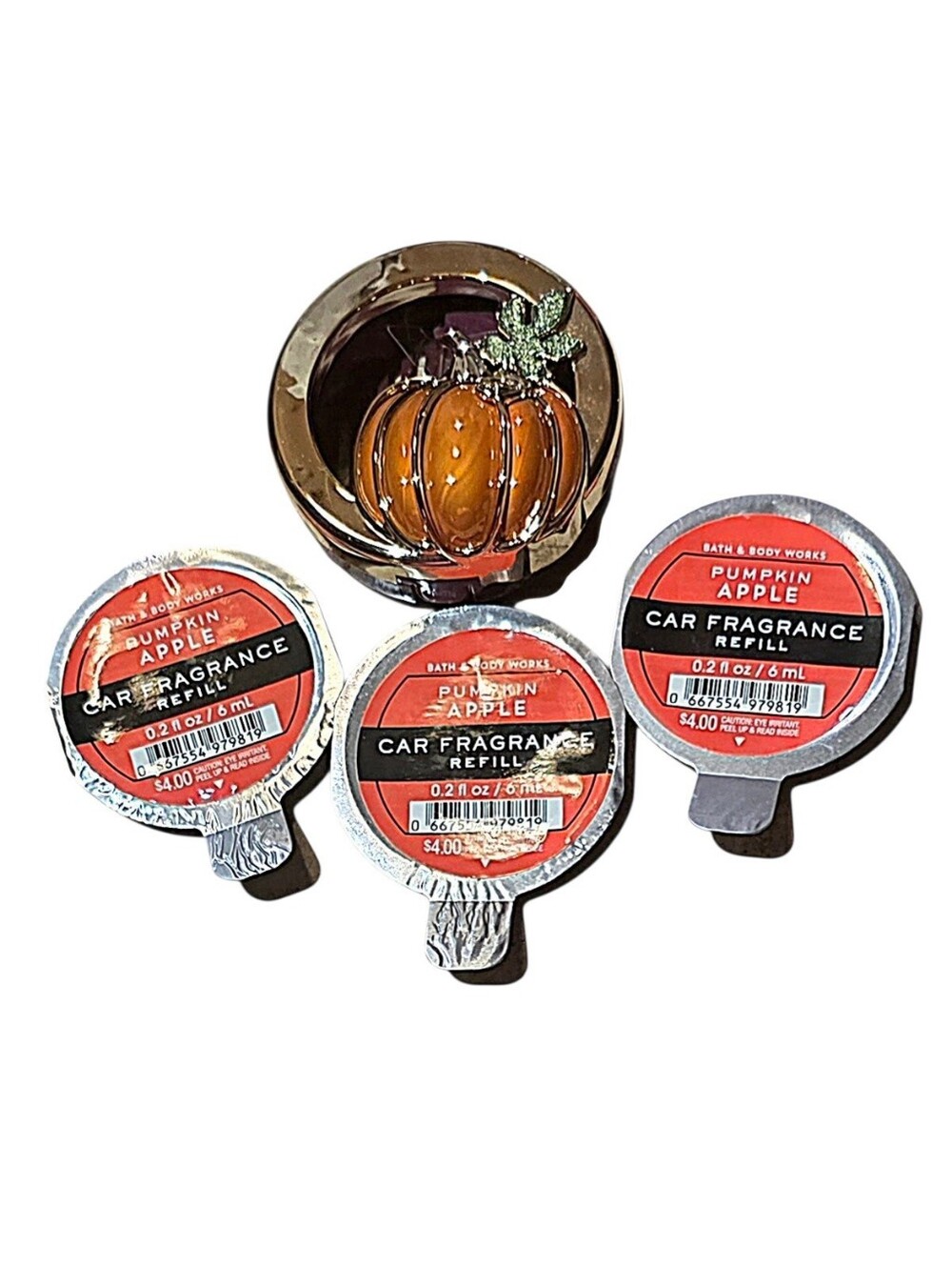 PUMPKIN CAR FRAGRANCE VENT CLIP WITH 3 PUMPKIN APPLE FRAGRANCE REFILLS BATH BODY